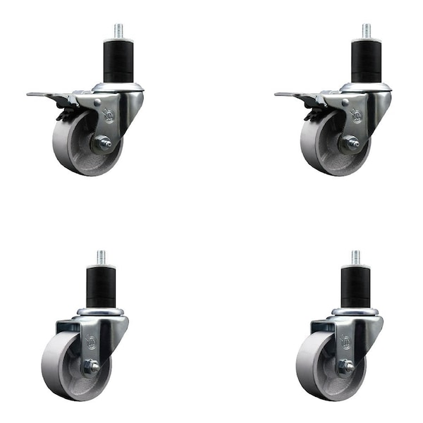 3'' Semi Steel Swivel 1-3/4'' Expanding Stem Caster Set 2 Total Lock Brakes, 4PK